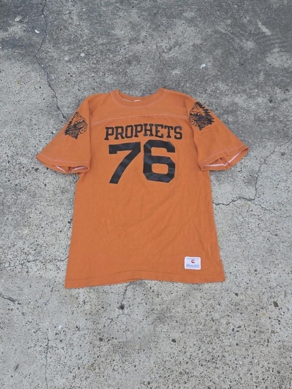 Vintage Champion Made in USA 76 Prophets Graphic T-Shirt Orange Cotton Jersey